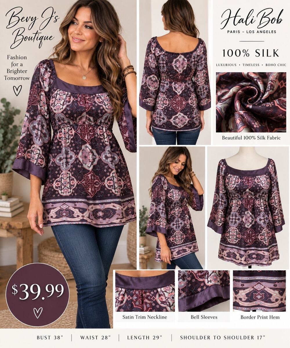 Halo Bob Womens S 100% Silk Tunic Blouse Purple Paisley Y2K Bell Sleeve Empire